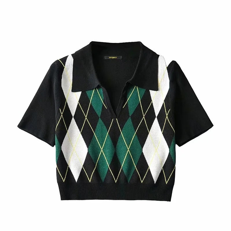 Polo Collar Plaid Knitted Top