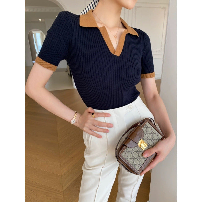 French Retro Color Knitted Polo