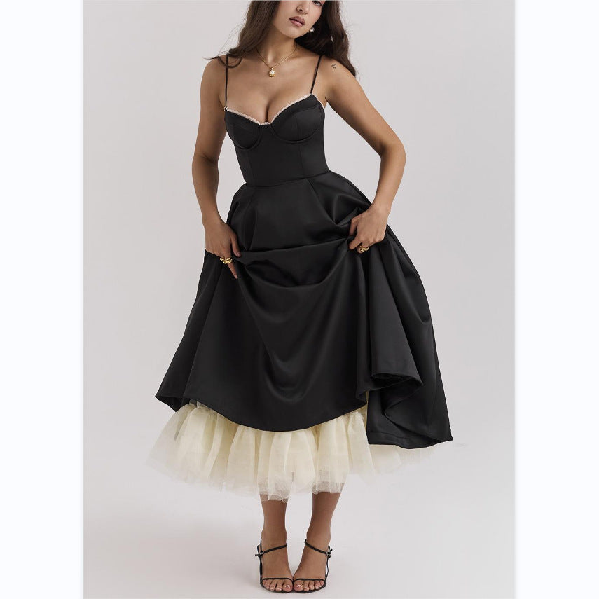 V-neck Brace Sleeveless Puffy Long Dress