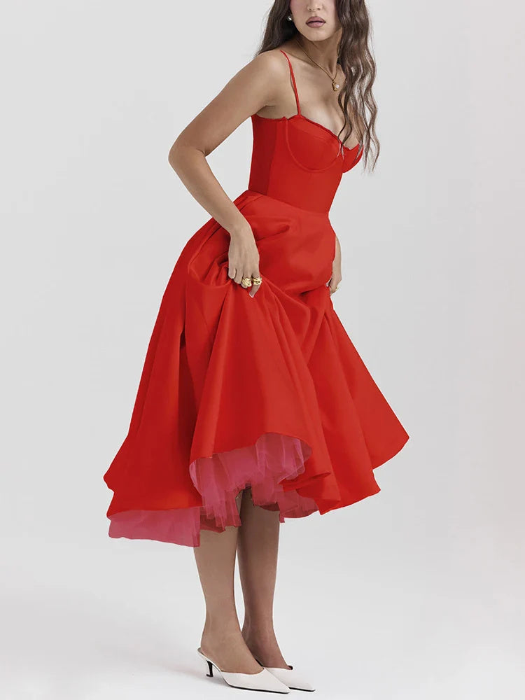 V-neck Brace Sleeveless Puffy Long Dress