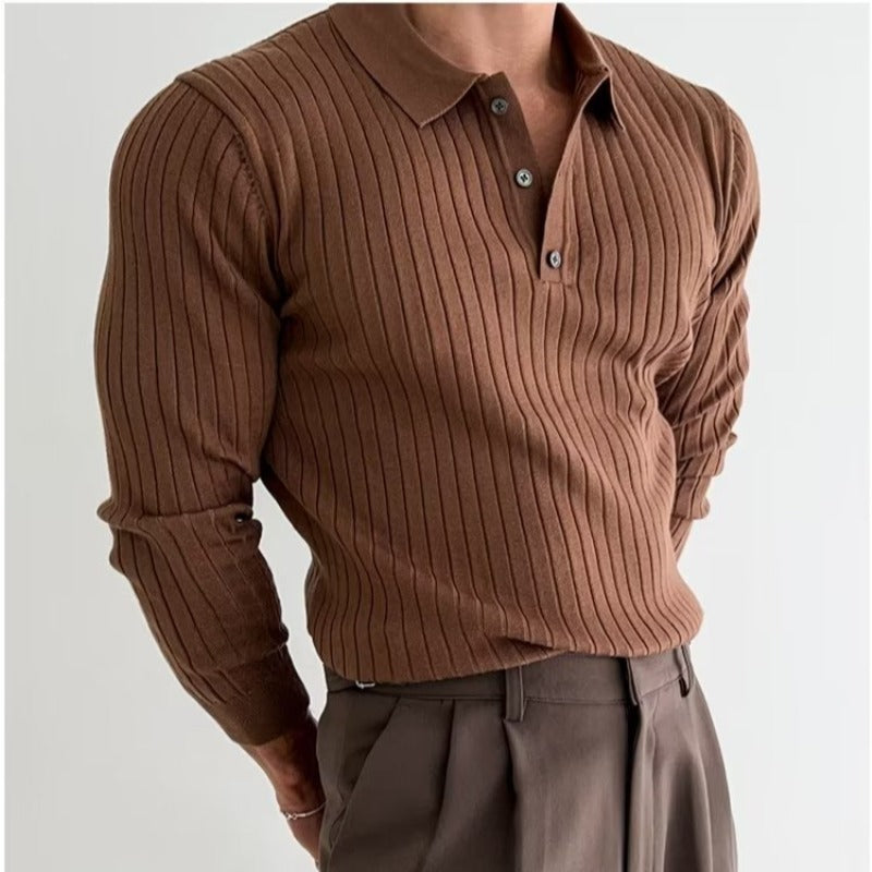 Lapel Button Long Sleeve Striped Polo