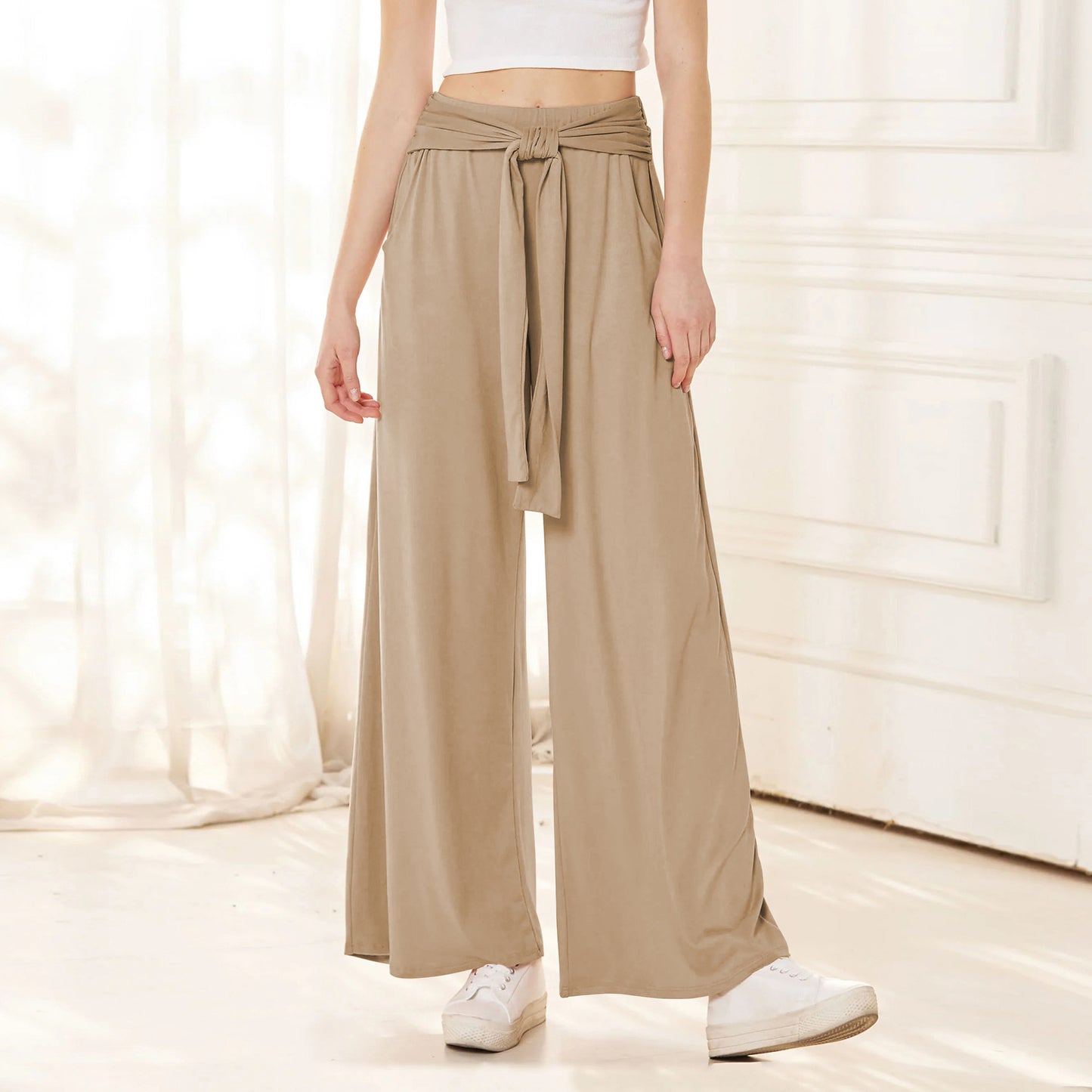 Solid Draping Lace-up Wide-leg Pants