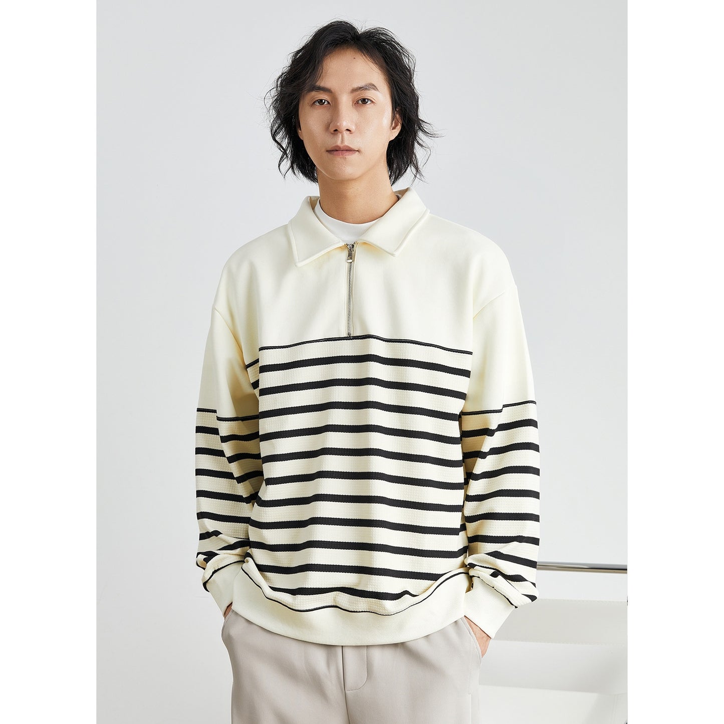 Knitted Stripped Half Zip Pullover