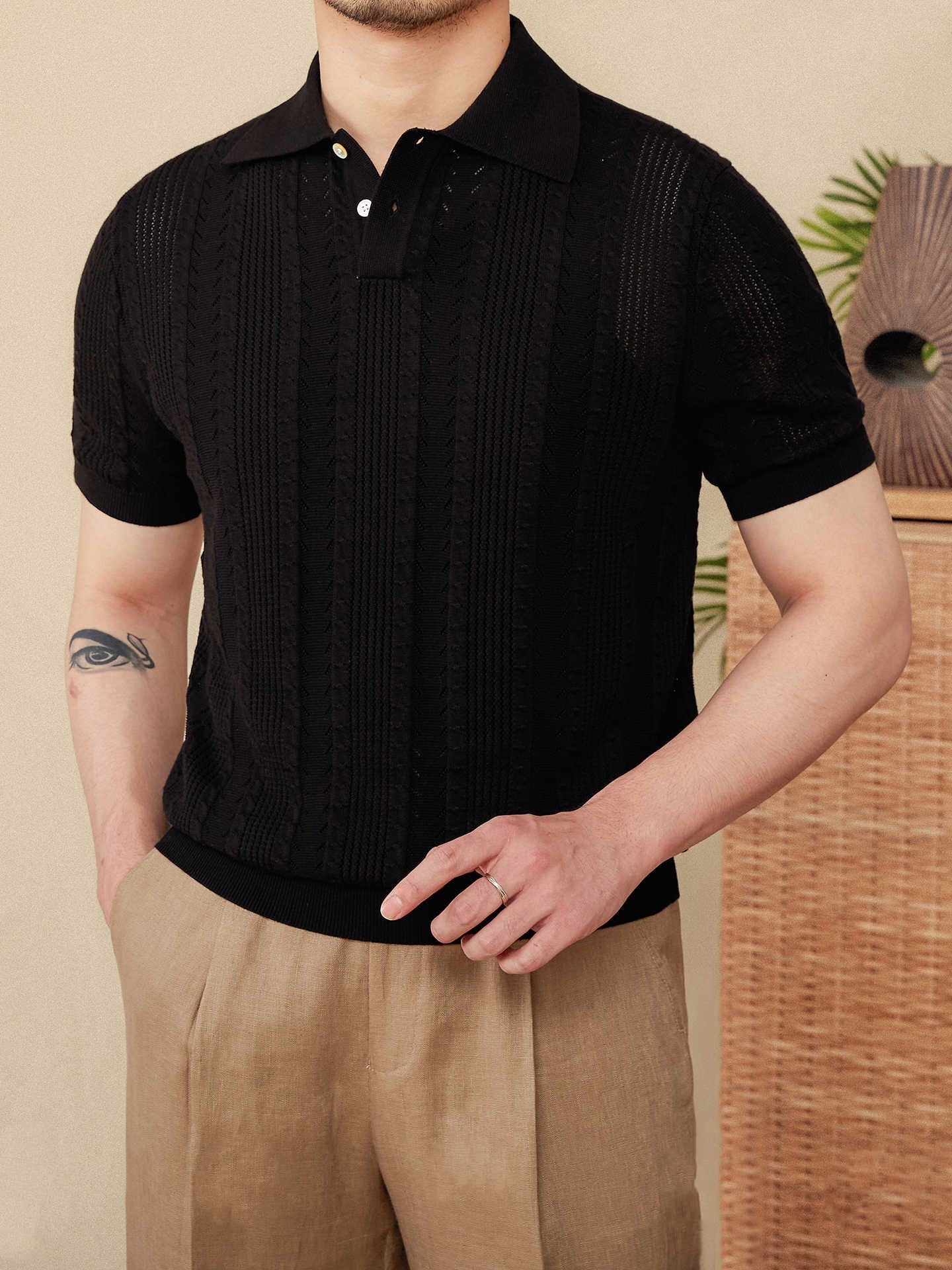 Hollow Lapel Short Sleeve Polo Knitted T-shirt