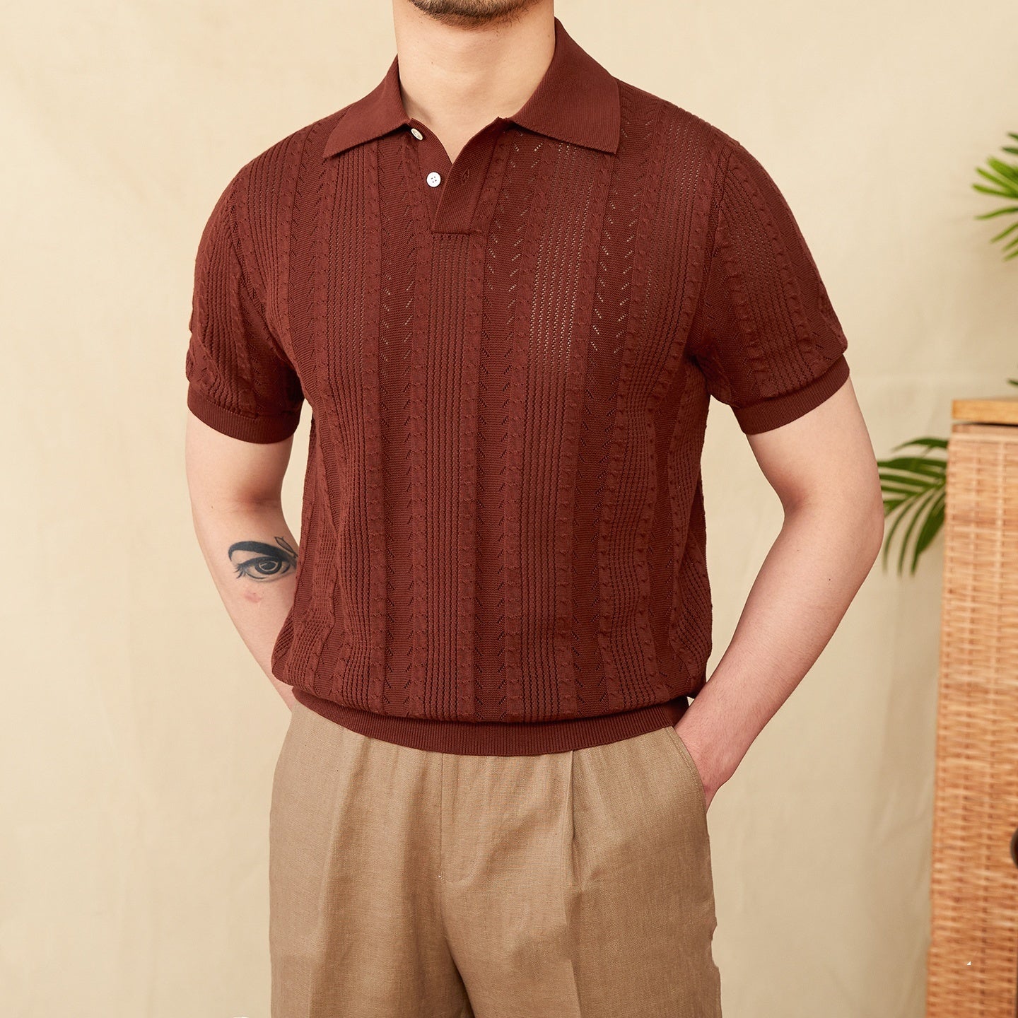 Hollow Lapel Short Sleeve Polo Knitted T-shirt