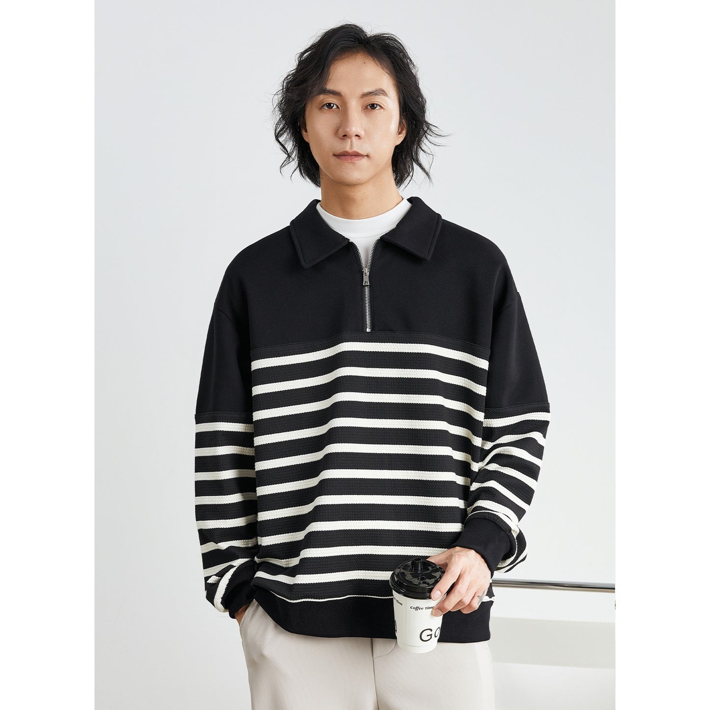 Knitted Stripped Half Zip Pullover