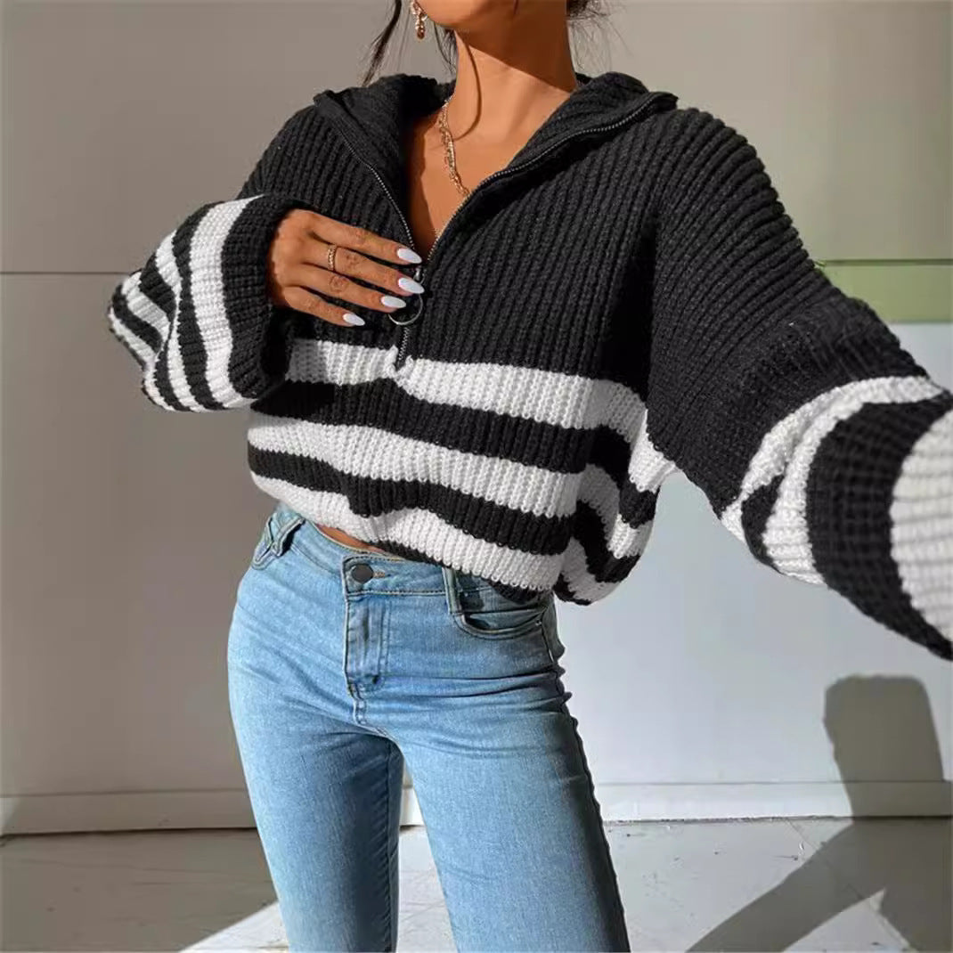 Striped zip Collar Knitted Sweater Outerwear