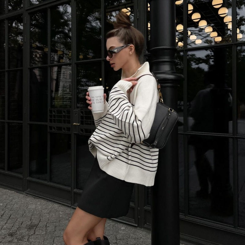 Striped Half-open Zipper Knitted Sweater