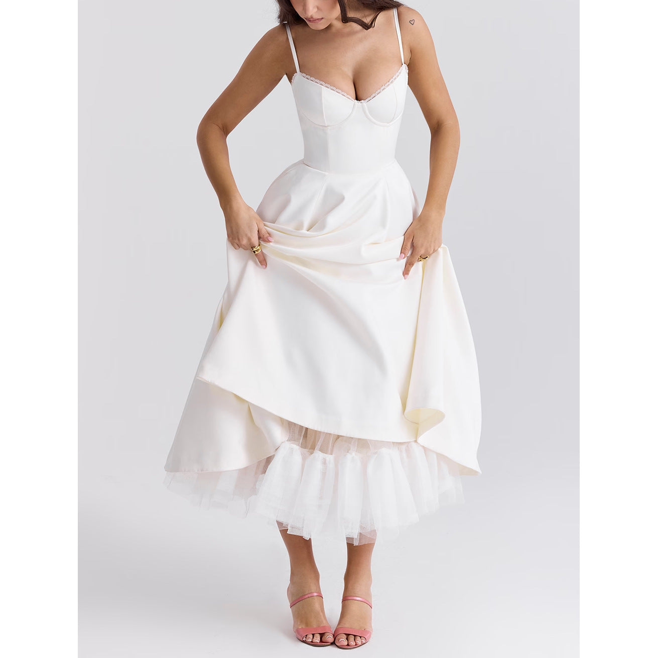 V-neck Brace Sleeveless Puffy Long Dress