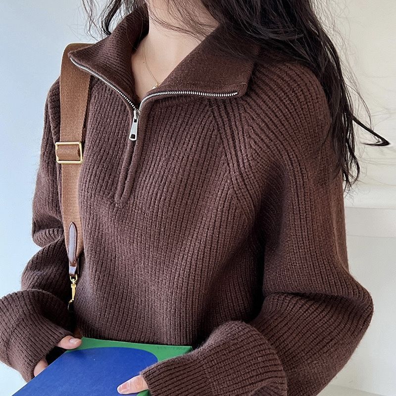 Zipper And Lapel Sweater
