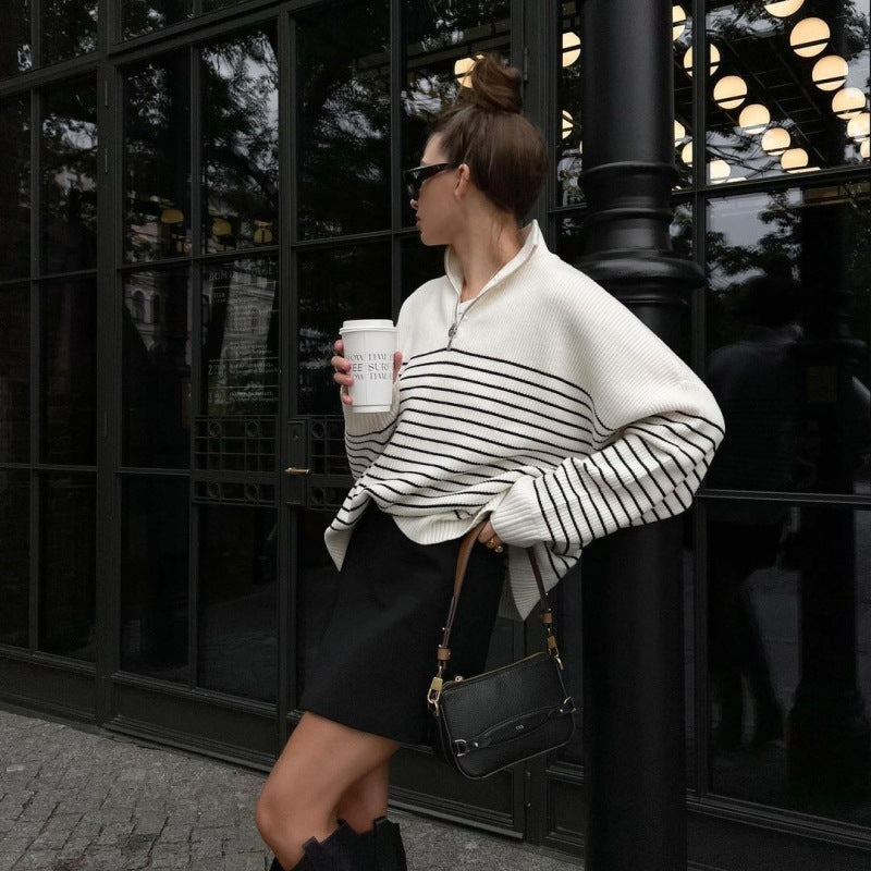 Striped Half-open Zipper Knitted Sweater