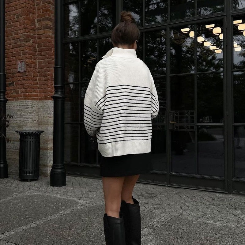 Striped Half-open Zipper Knitted Sweater