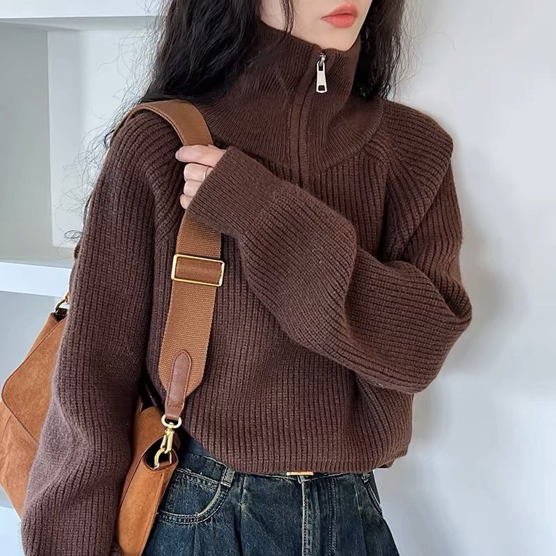 Zipper And Lapel Sweater