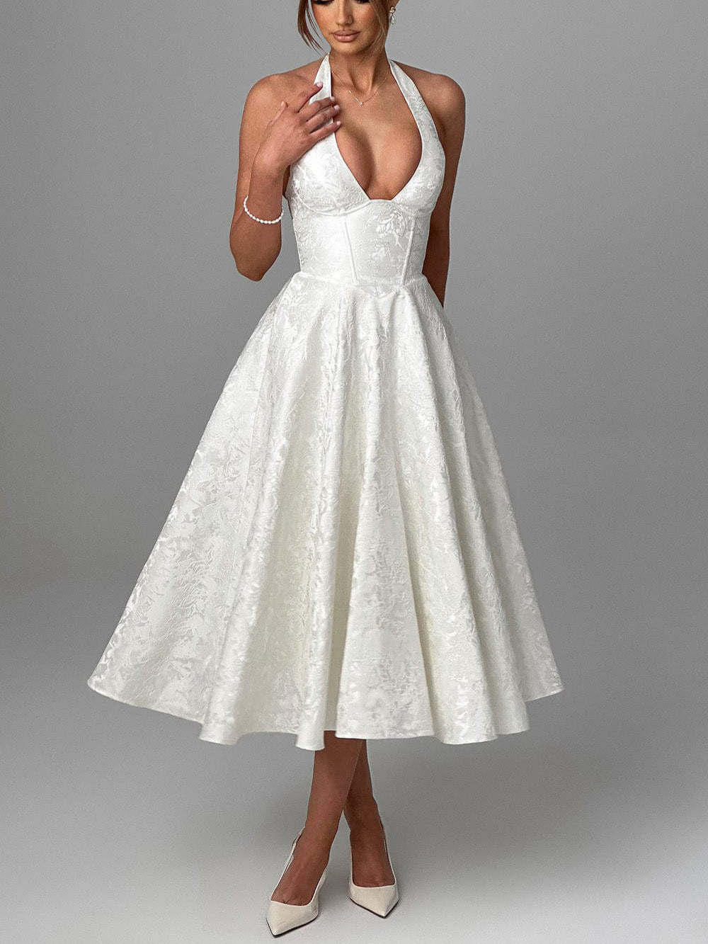 Elegant V-Neck Halter Jacquard Evening Dress