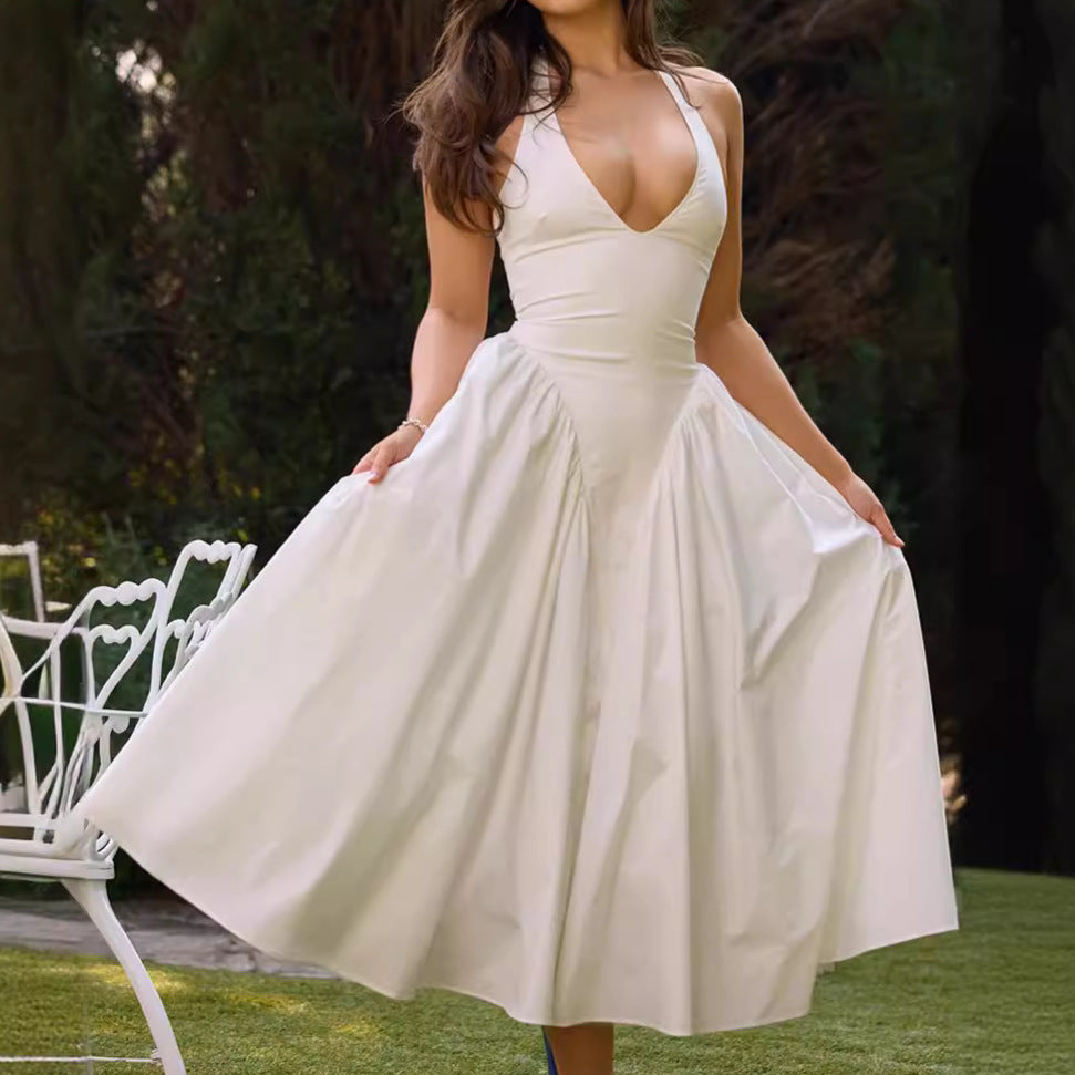 French V-neck Halter Floral Sleeveless Dress