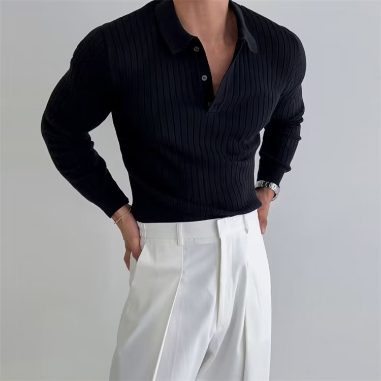 Lapel Button Long Sleeve Striped Polo
