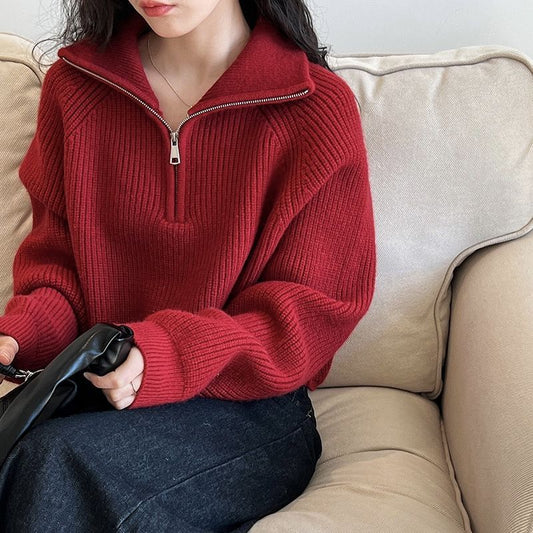 Zipper And Lapel Sweater
