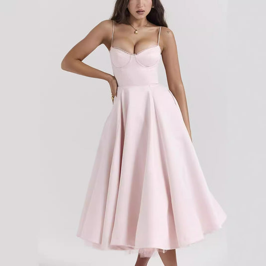 V-neck Brace Sleeveless Puffy Long Dress