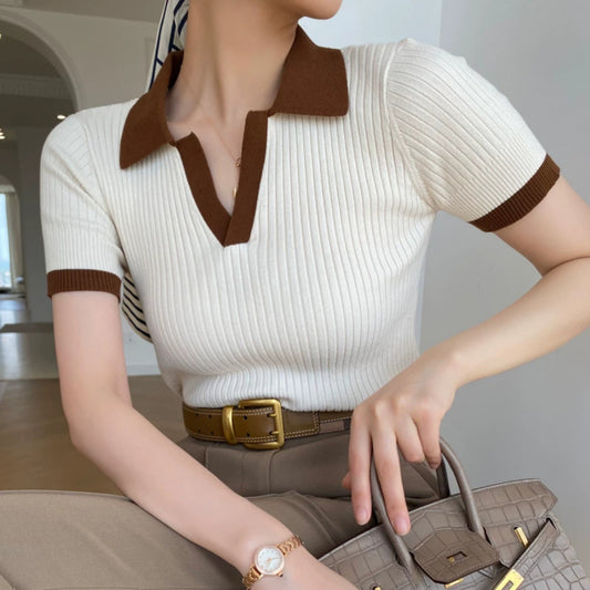 French Retro Color Knitted Polo