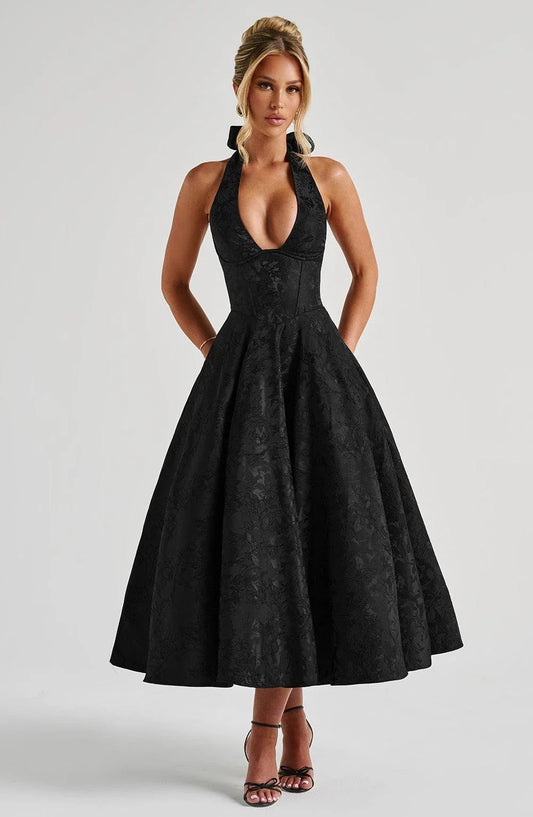 Elegant V-Neck Halter Jacquard Evening Dress