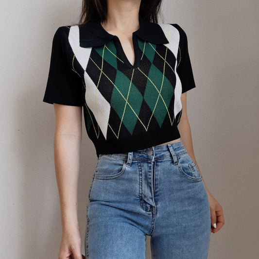 Polo Collar Plaid Knitted Top
