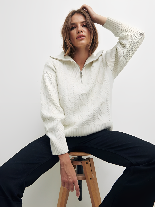 Zip Collar Cable-Knit Sweater