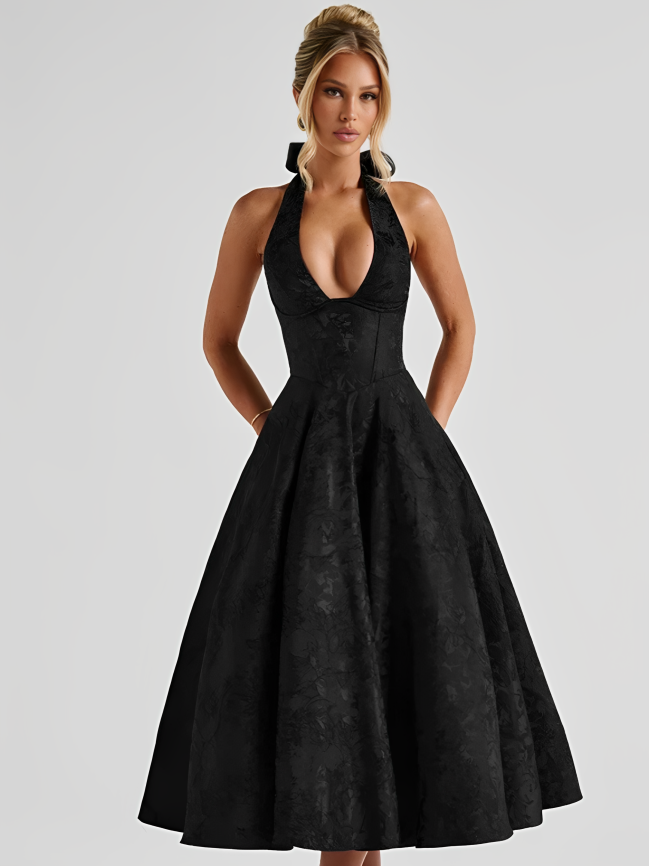 V-Neck Halter Jacquard Dress