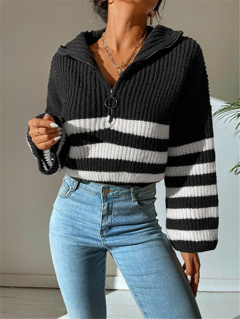 Striped zip Collar Knitted Sweater Outerwear