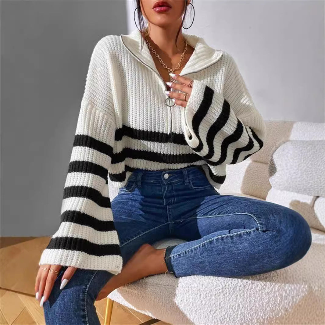 Striped zip Collar Knitted Sweater Outerwear