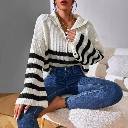 Striped zip Collar Knitted Sweater Outerwear