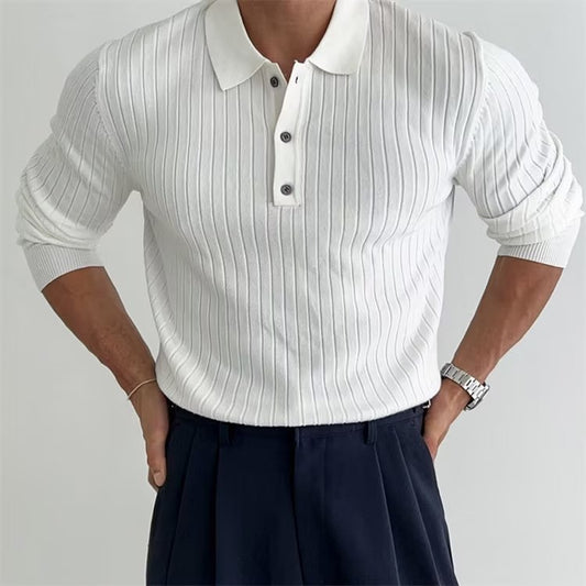 Lapel Button Long Sleeve Striped Polo