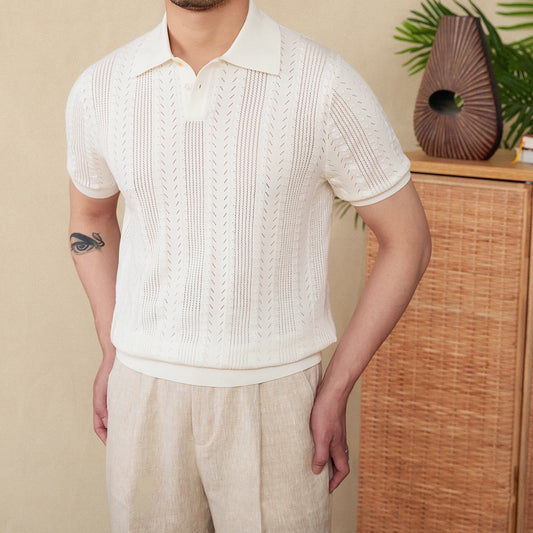 Hollow Lapel Short Sleeve Polo Knitted T-shirt