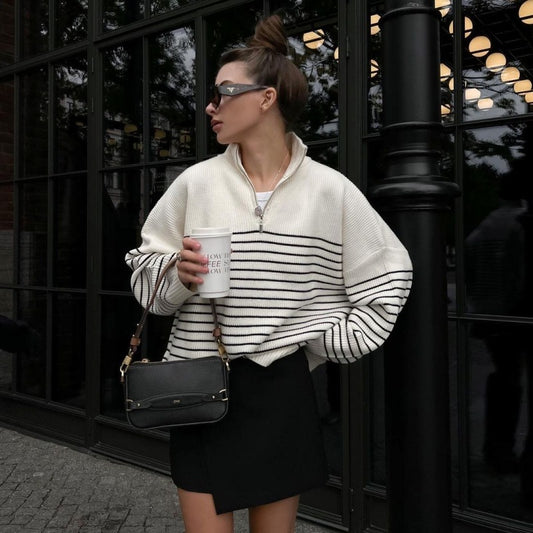 Striped Half-open Zipper Knitted Sweater
